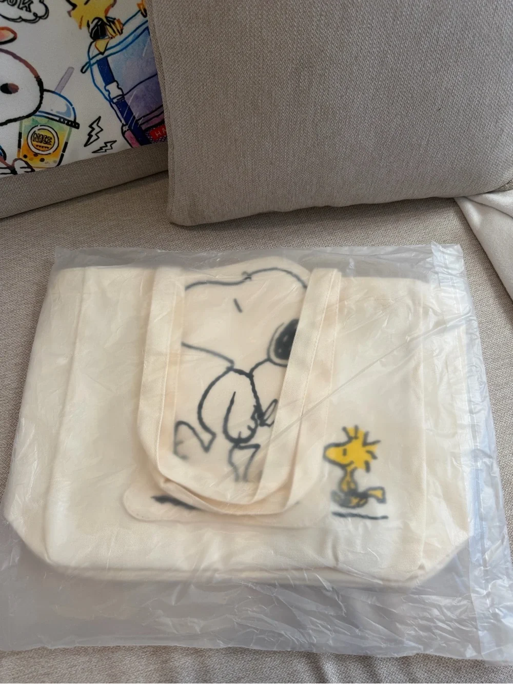 Peanuts Snoopy & Woodstock Kids Canvas Tote Bag - Cream